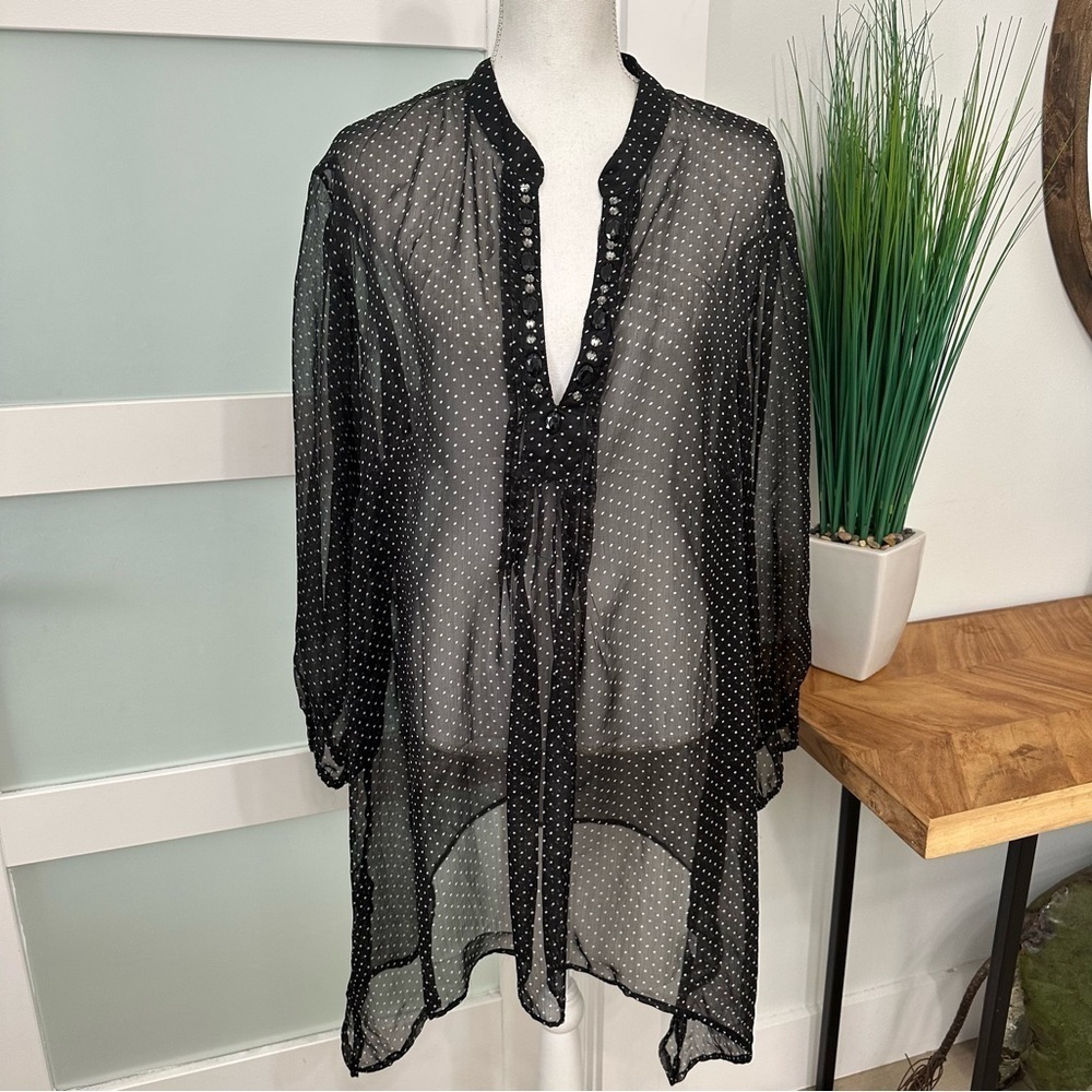 Lapogee Sheer Polka Dot V-Neck Blouse SZ 3X Black White Embellished Neckline NWT